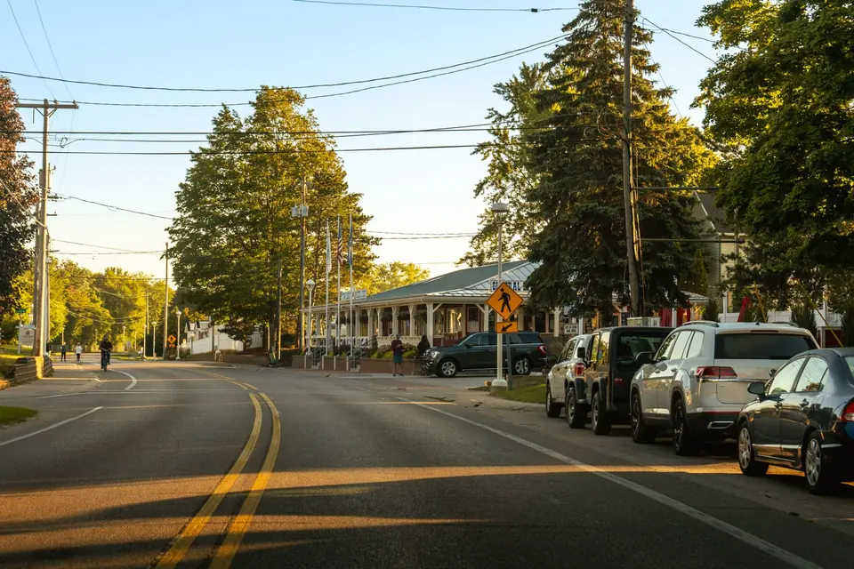 Tree-lined village street in West Michigan