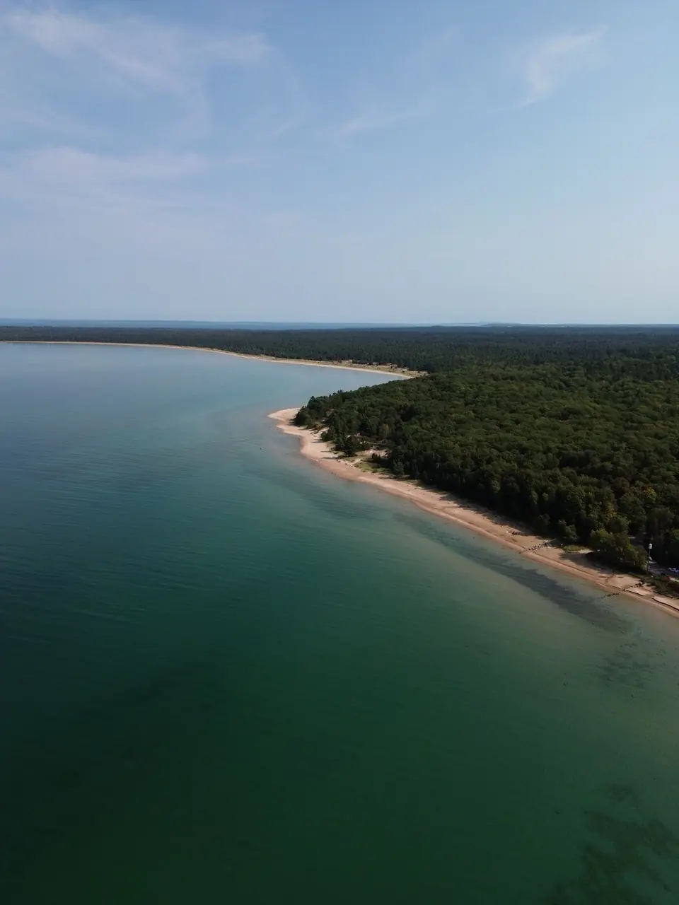 Aerial view of Lake Michigan shoreline and forested dunes
