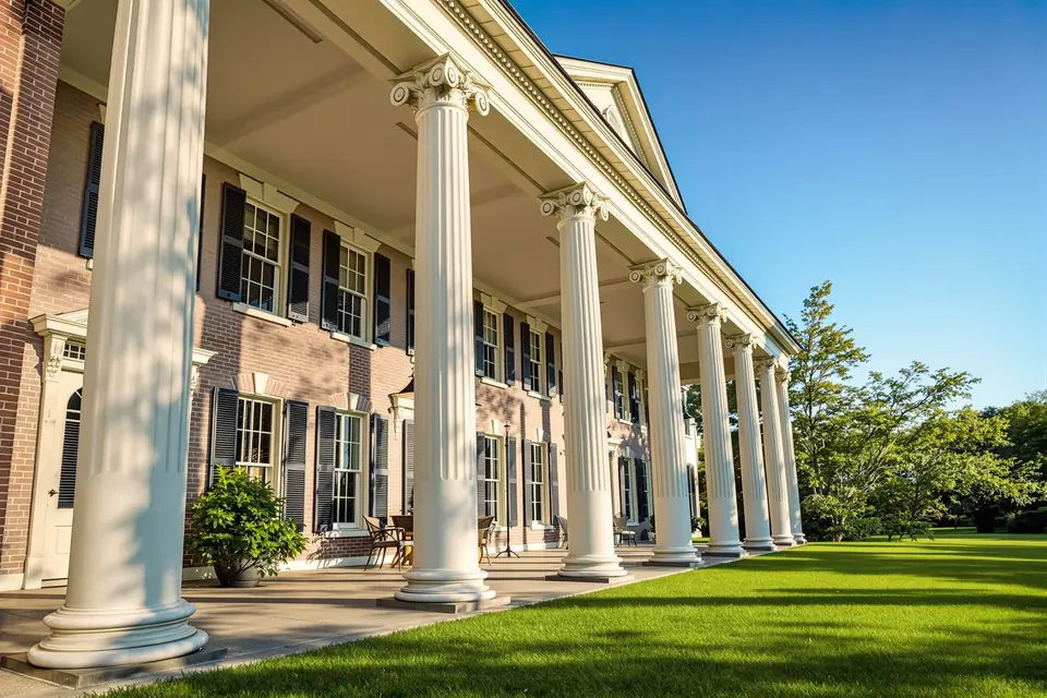 A white colonial home with tall columns and a deep front lawn