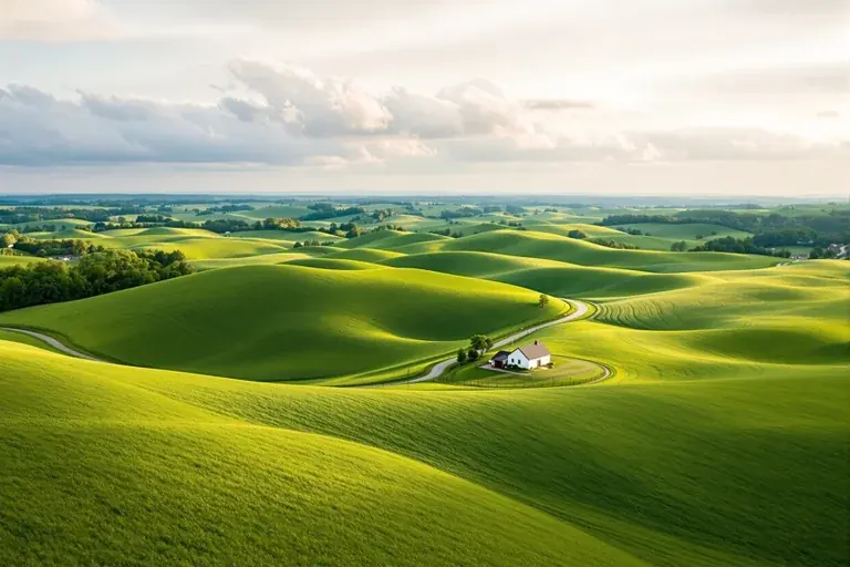 Rolling green farmland under a wide sky