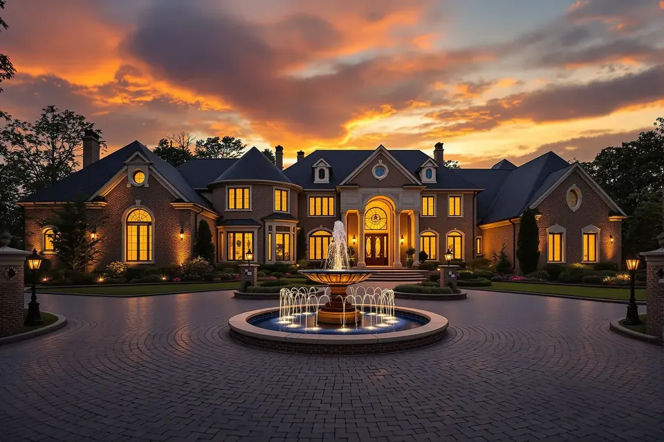A stone estate home glowing at sunset with a fountain in the drive