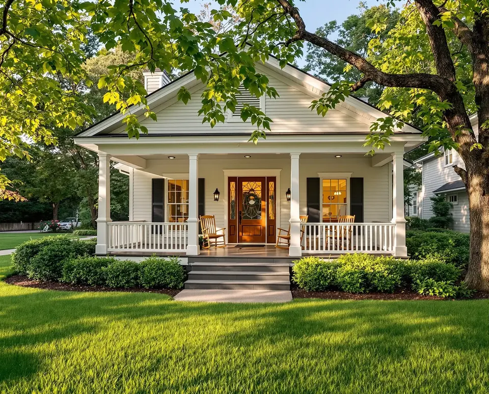 A white craftsman cottage with a wide front porch under shade trees